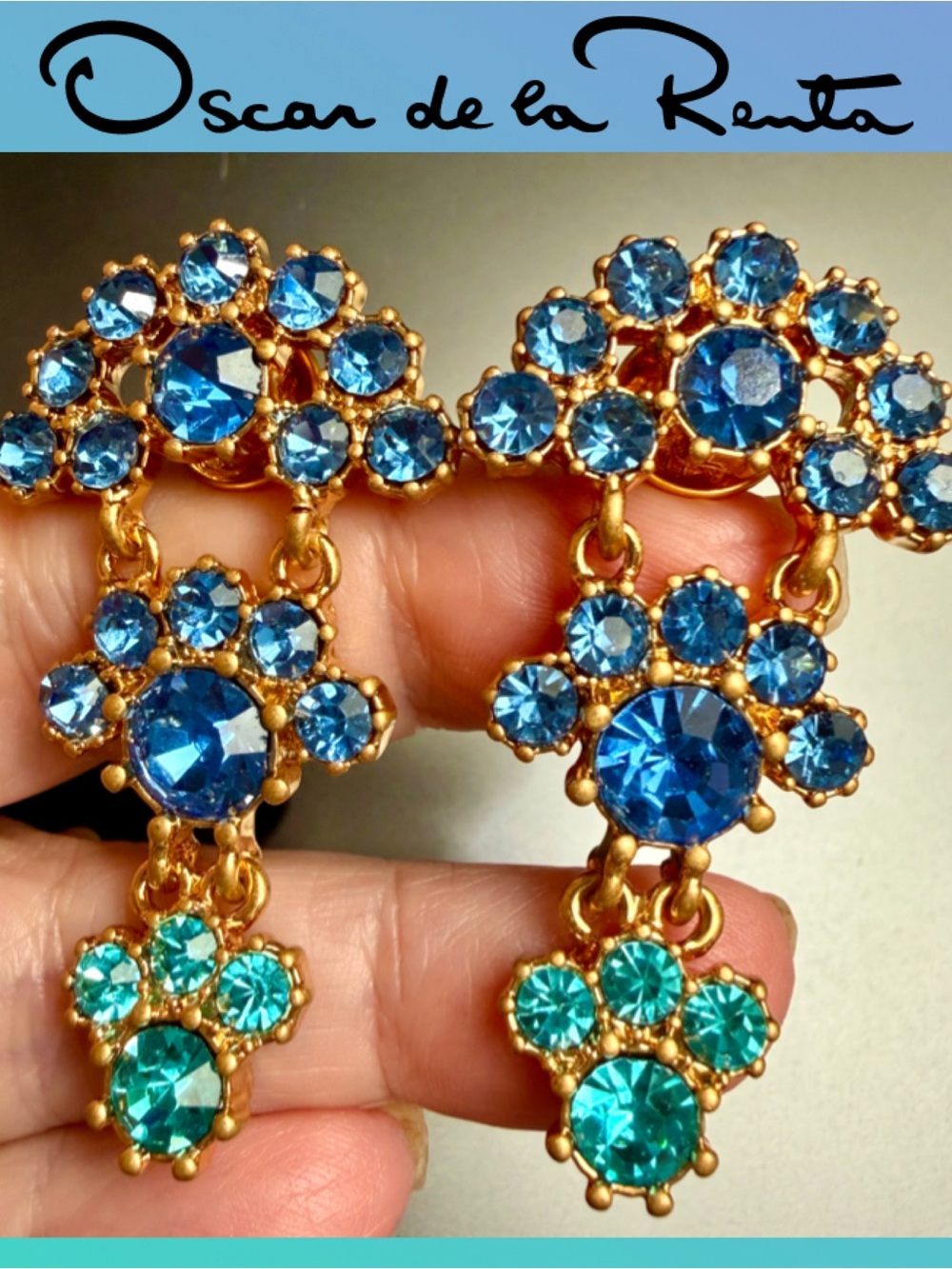 Oscar de la Renta CRYSTAL ARCH EARRINGS Blue Combo Dangle Drop✨🩵POST🩵